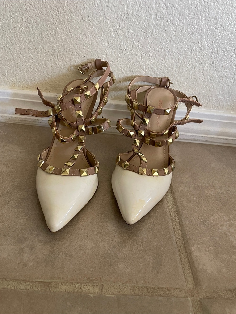 BCBGeneration Ivory Patent Pointed-Toe Studded Strappy Heels